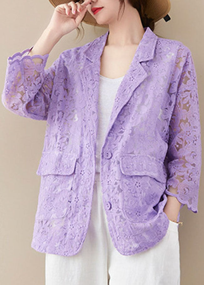 Purple Loose Lace Coats Pocket Hollow Out Long Sleeve