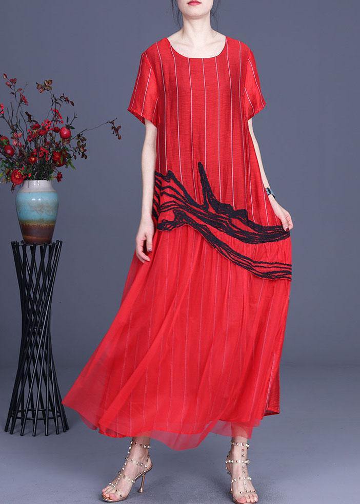 Orange Embroidery Patchwork Summer Silk Dresses Short Sleeve