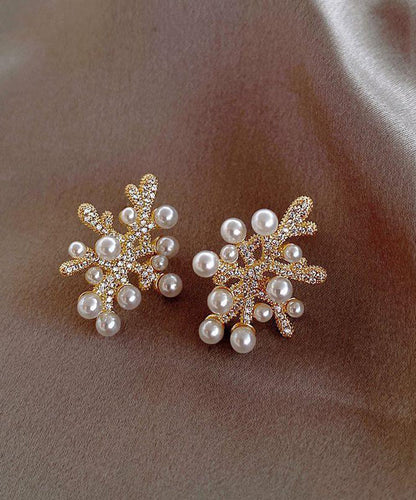 White Sterling Silver Overgild Zircon Coral Pearl Stud Earrings