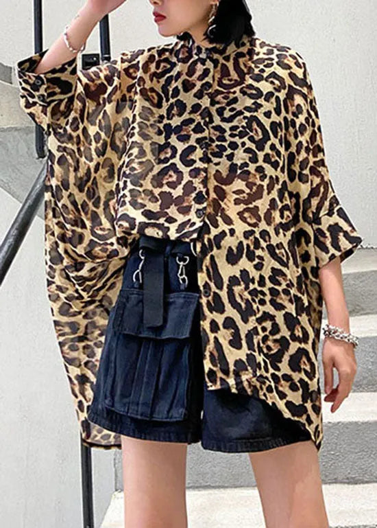 Low High Design Stand Collar Leopard Chiffon Shirts Spring