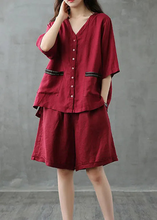 Red Button Patchwork Tops and Shorts Linen Two Pieces Set Summer