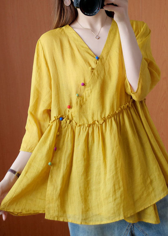 Yellow V Neck Button Fall Blouses Half Sleeve