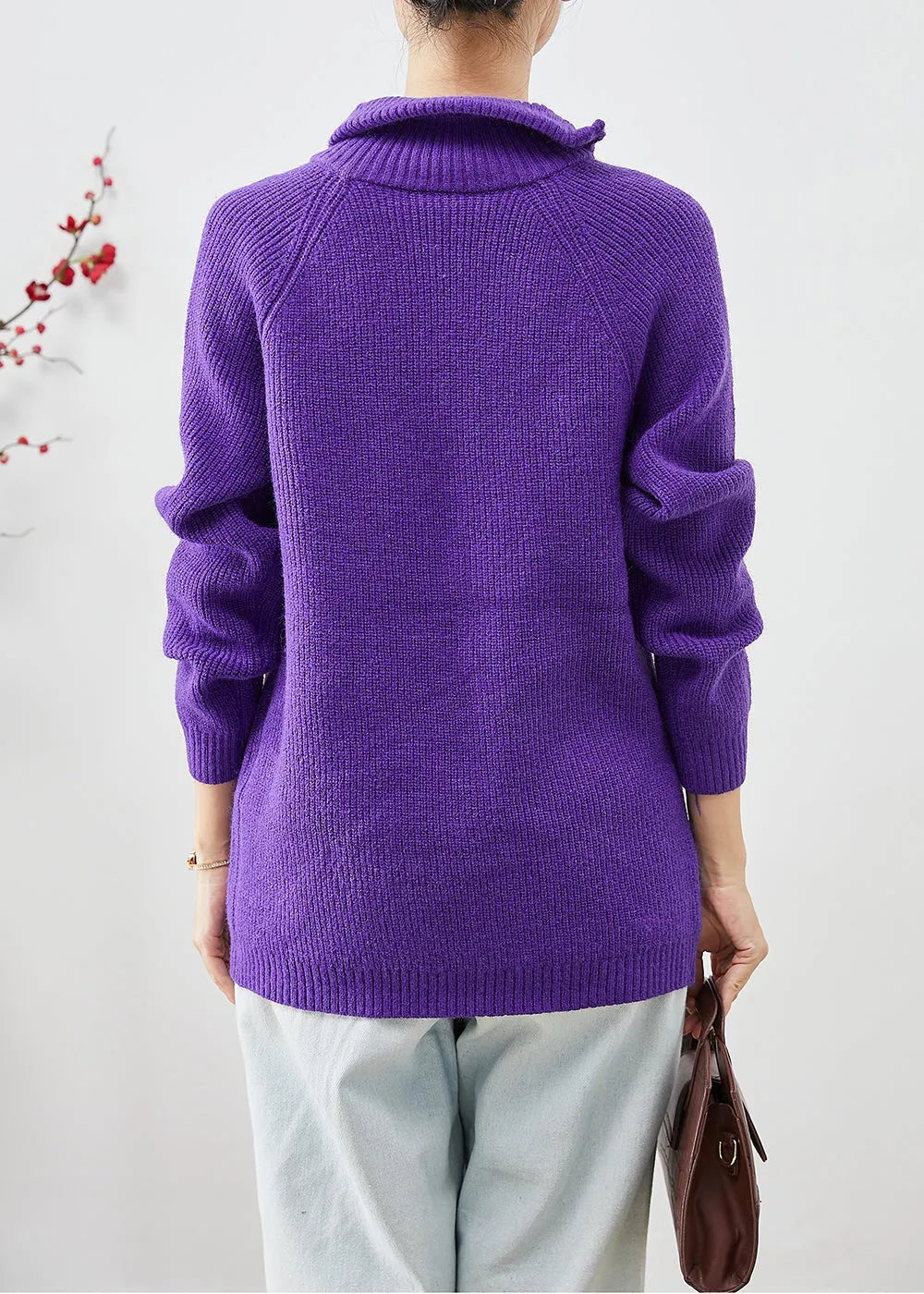 Purple Zip Up Thick Knit Short Sweater Winter