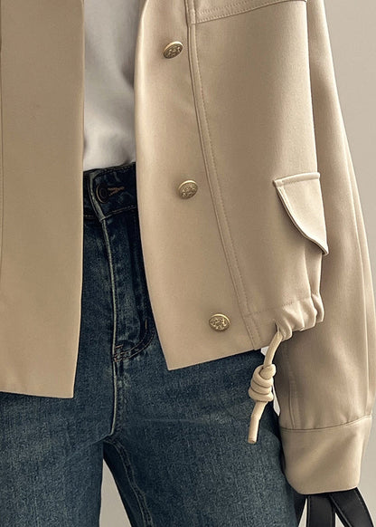 Khaki Stand Collar Drawstring Cotton Coat Outwear Fall