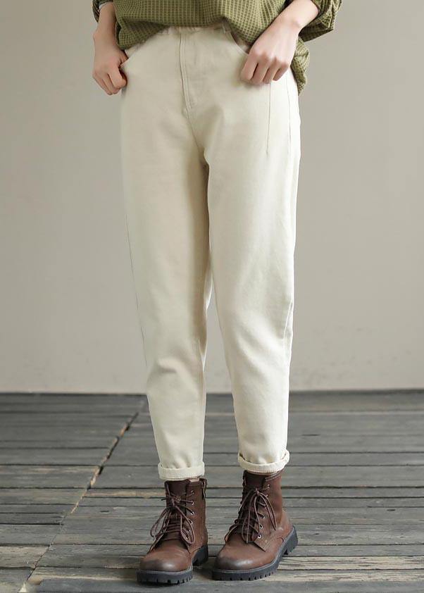 Beige Trousers Spring Elastic Waist Fabrics Pant