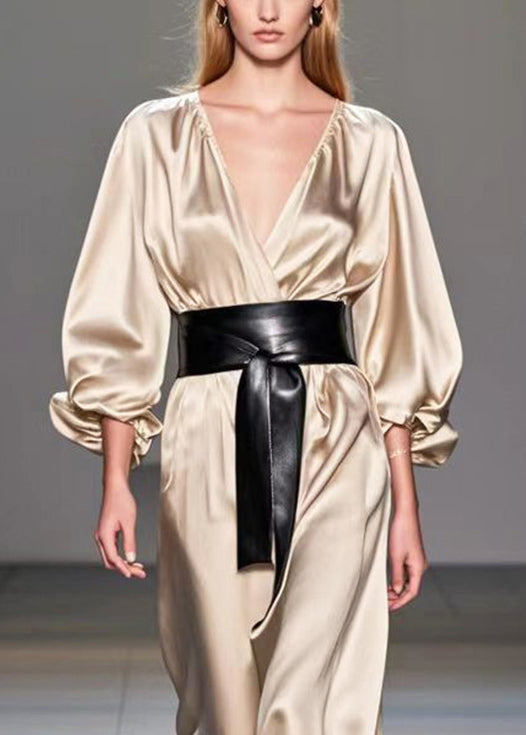 Champagne V Neck Cinched Silk Holiday Dress Fall