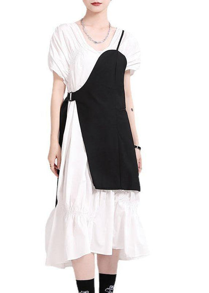 Natural Black Cotton V Neck Asymmetrical Design Summer Vacation Dress Short Sleeve