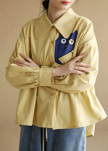 Diy Yellow Peter Pan Collar Asymmetrical Wrinkled Cat Applique Cotton Shirt Long Sleeve