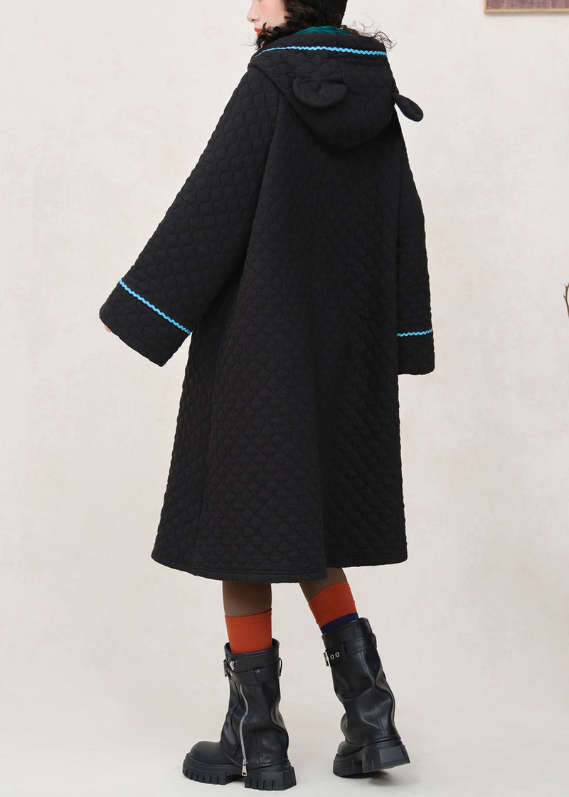 Loose Black Hooded Embroidered Pockets Cotton Filled Dress Spring