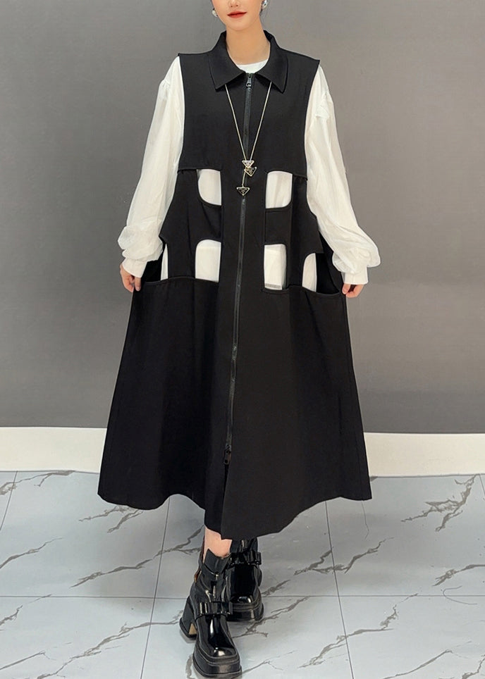 Black Zippered Patchwork Hollow Out Long Waistcoat Dress Spring