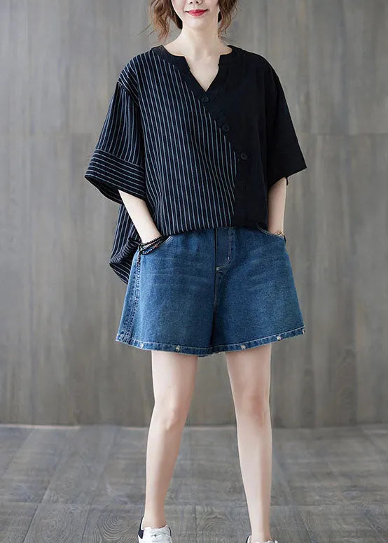 Black V Neck Striped Cotton Blouse Tops Half Sleeve