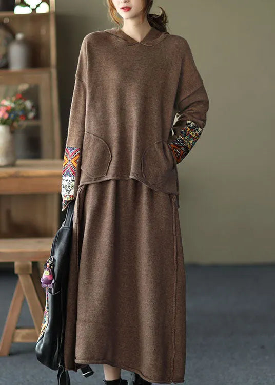 Red Oriental Hooded Knit Fall Two Pieces Set