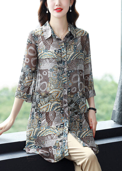Button Peter Pan Collar Print Chiffon Blouse Tops Three Quarter Sleeve
