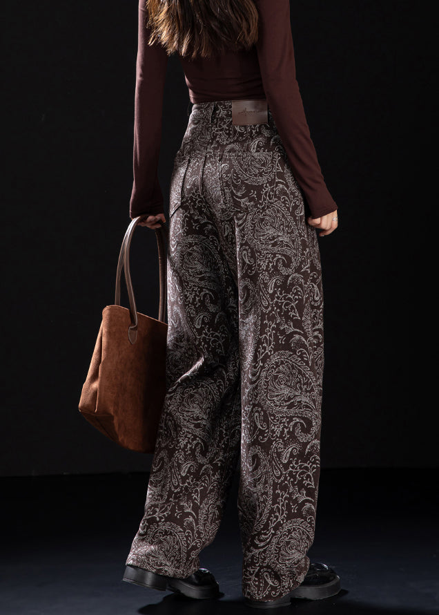 Brown Pockets Print Warm Fleece Denim Pants Spring