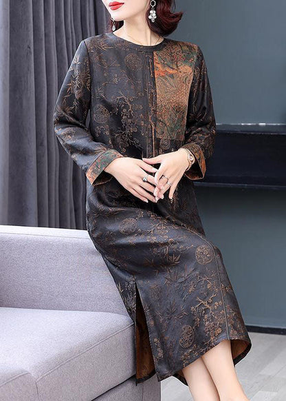 French Brown O-neck Patchwork Side Open Silk Long Dresses Fall