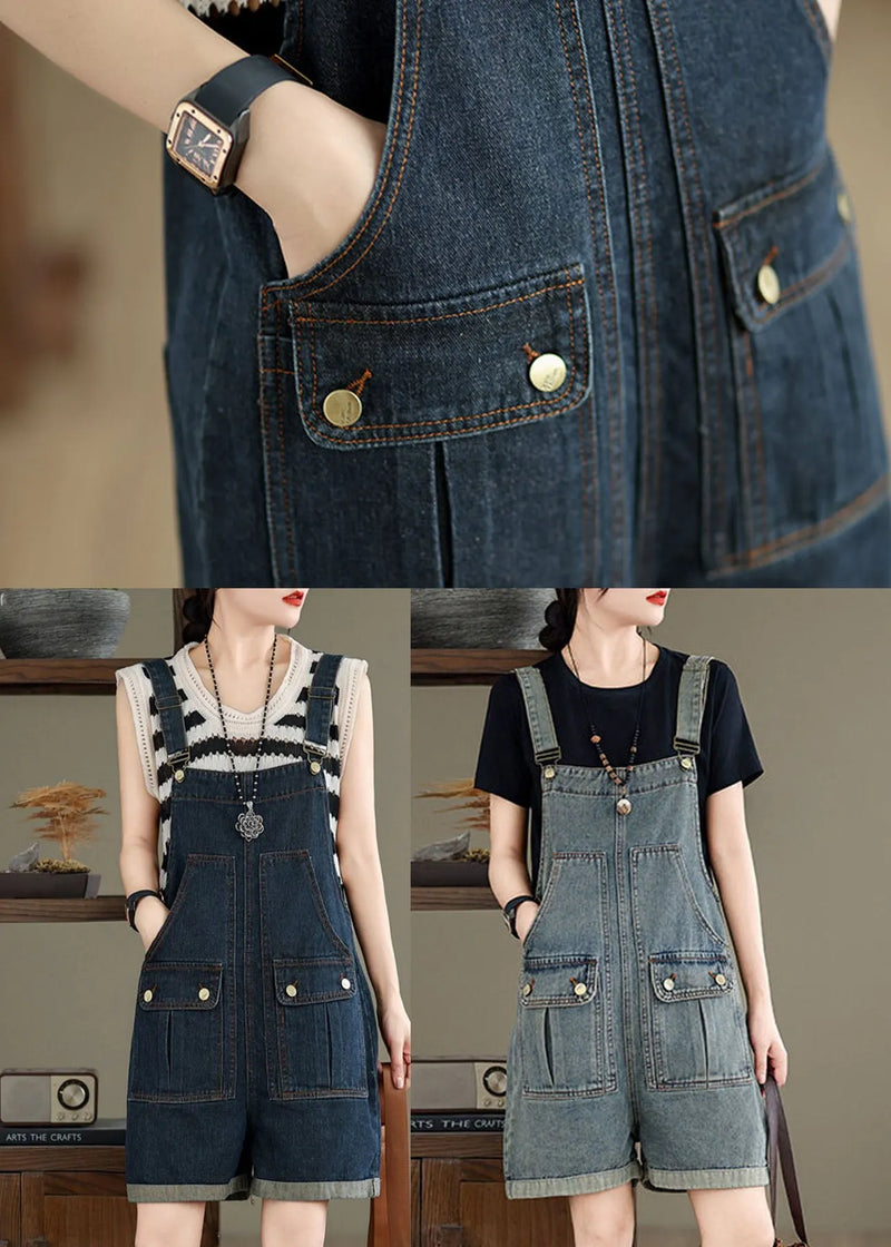 Light Blue Patchwork Denim Jumpsuit Pockets Summer