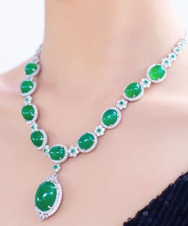 Green Sterling Silver Inlaid Zircon Chalcedony Pendant Necklace