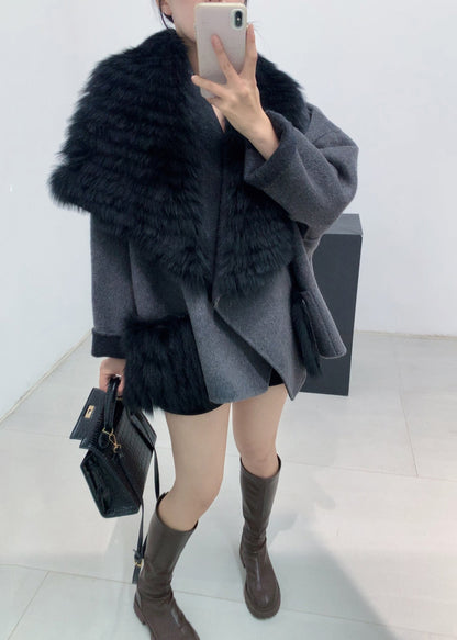 Stylish Black Fur Collar Patchwork Leather and Fur Coats Winter
