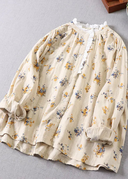 French Apricot Yellow Print Cotton Blouses Long Sleeve
