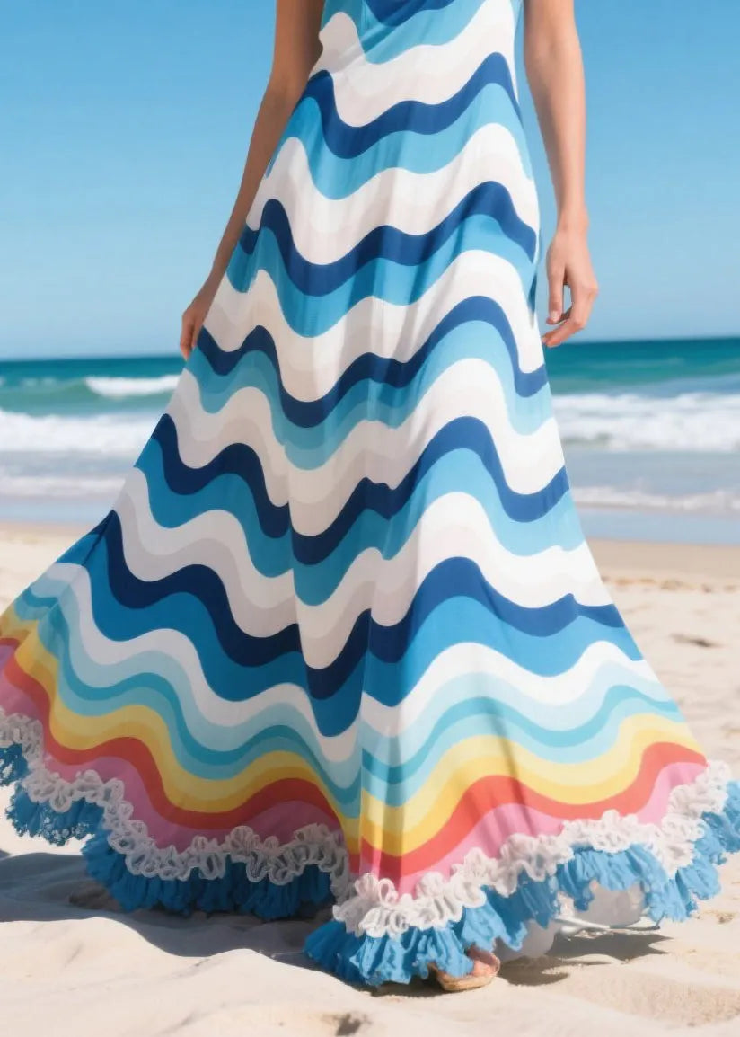 Blue Striped Ruffled Chiffon Holiday Dresses Summer