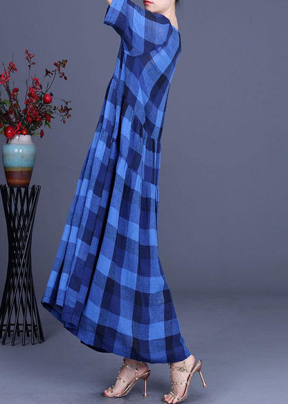 Blue Plaid Linen Embroideried Summer Long Dress
