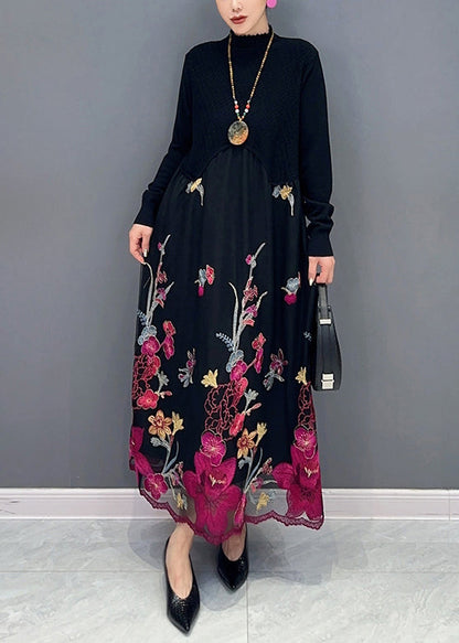 Rose Turtleneck Embroideried Tulle Patchwork Dress Fall