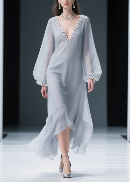Light Grey Lace Chiffon Maxi Dresses V Neck Spring