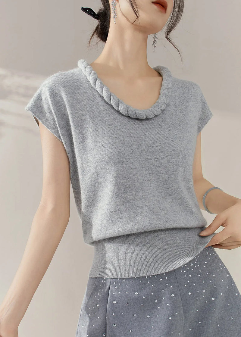 Simple Grey O Neck Cable Knit Sweater Summer