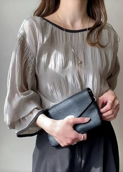 Italian Grey Oversized Wrinkled Chiffon Tops Puff Sleeve