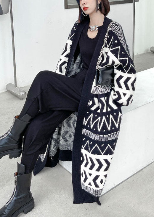 Stylish Black Pockets Button Jacquard Fall Long Knit Sweaters Coat