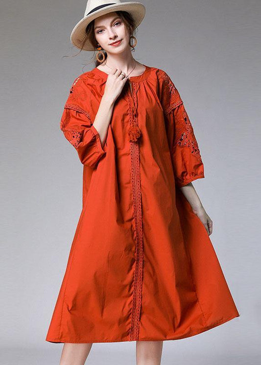 Simple Orange Three Quarter Sleeve Lace Spring Holiday Dress