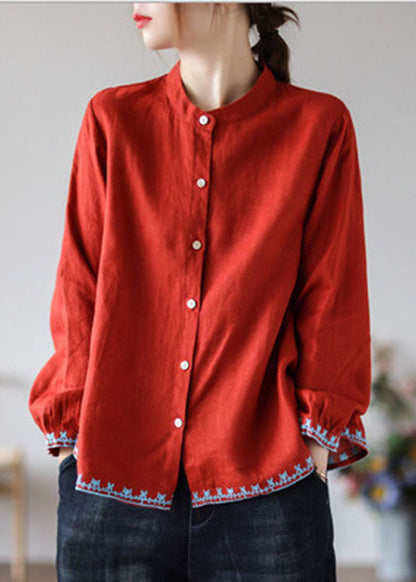 Style Red Embroideried Wrinkled Fall Top Long Sleeve