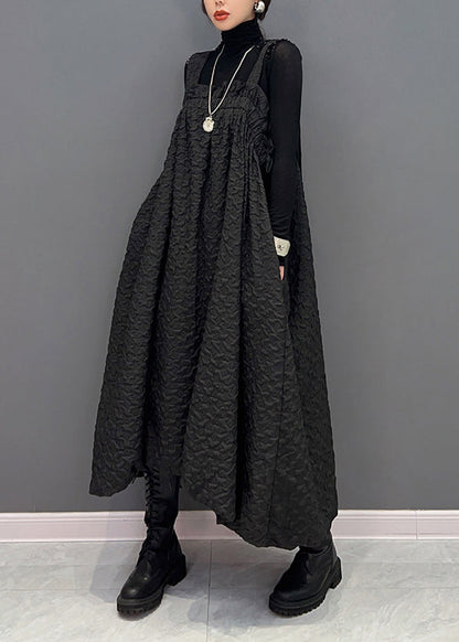 Black Wrinkled Pockets Patchwork Cotton Carpenter Dresses Fall