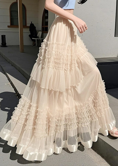 Art Apricot Ruffled Elastic Waist Chiffon Skirts Summer