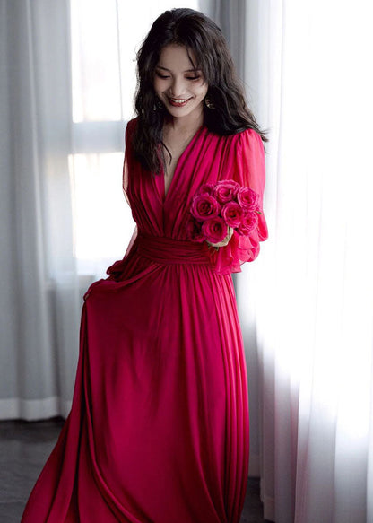 Red V Neck Patchwork Slim Silk Maxi Dresses Fall