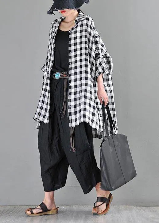 Black Plaid Batwing Sleeve Linen Top Summer