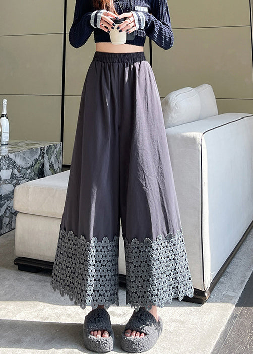 Grey Patchwork Cotton Wide Leg Pants Fall