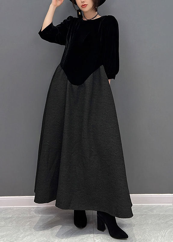 Fine Black O-neck Asymmetrical Patchwork Silk Velour Dress Fall