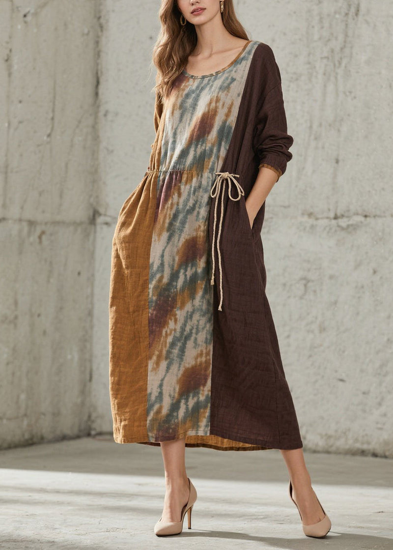 O Neck Print Lace Up Cotton Maxi Dresses Fall