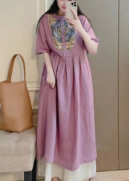 Purple Button Print Pockets Cotton Dresses Summer