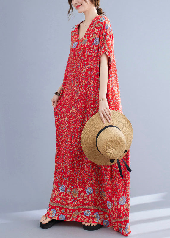 Red V Neck Print Cotton Holiday Long Dress Summer