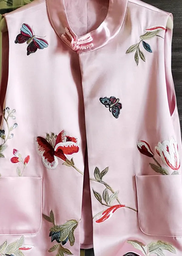 Pink Stand Collar Embroideried Patchwork Silk Vest Sleeveless
