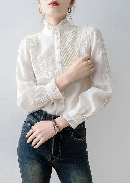 French White Ruffled Patchwork Wrinkled Chiffon Shirt Tops Spring