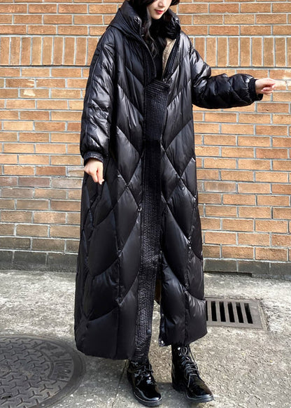 Handmade Black Hooded Lengthen Duck Down Jackets Winter