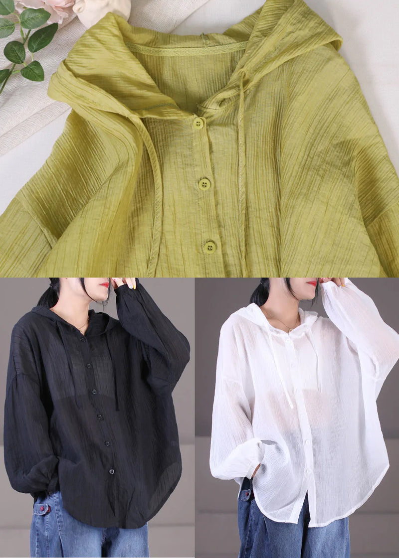 Green Hooded Wrinkled Cotton Upf 50+ Coat Jacket Long Sleeve