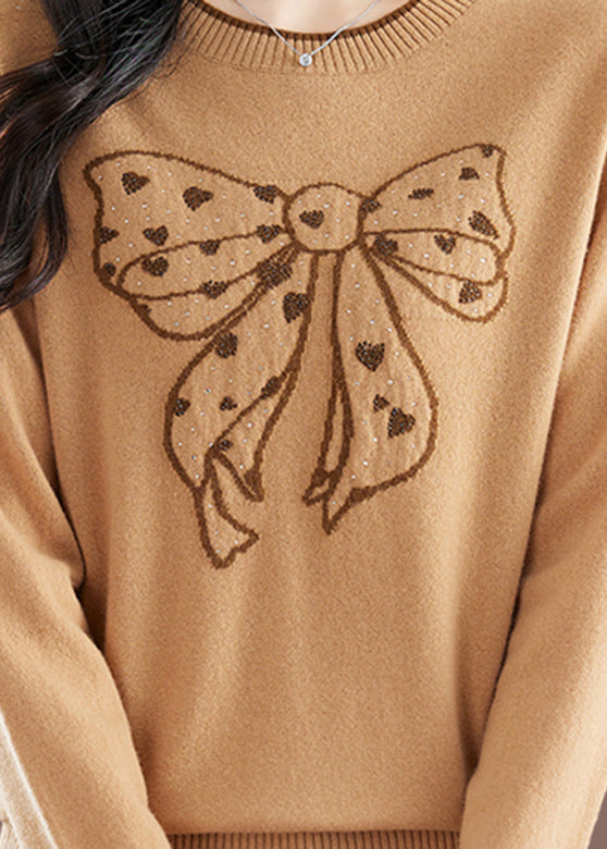 Handmade Camel O-neck Embroidered Bow Thick Cotton Knit Sweaters Winter