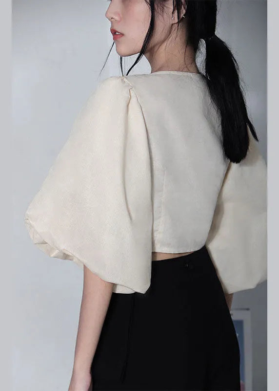 Unique White V Neck Retro Loose Summer Blouses Half Sleeve