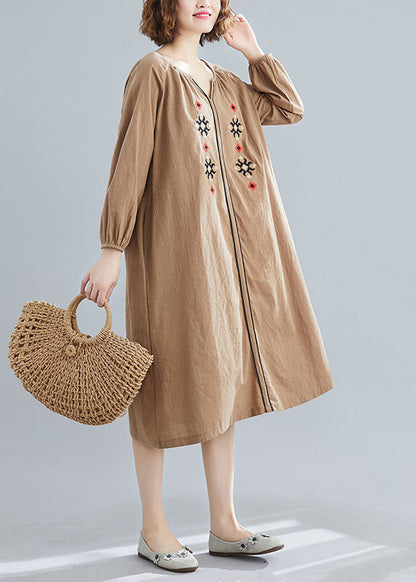 Chocolate Loose Dress V Neck Spring