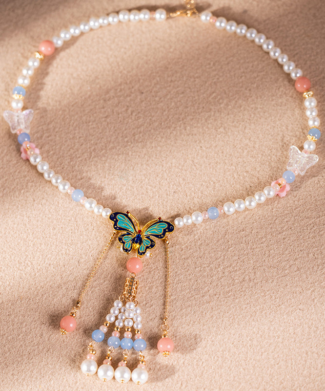 Multicolor Alloy Pearl Resin Colored Glaze Tassel Kids Pendant Necklace