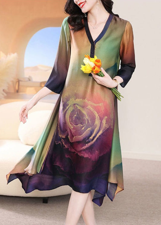 French Colorblock V Neck Print Silk Long Dress Bracelet Sleeve Summer